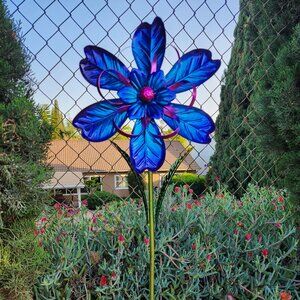 36" H, Blue/Fuchsia Iridescent Flower Spinner Stake, Garden Decoration